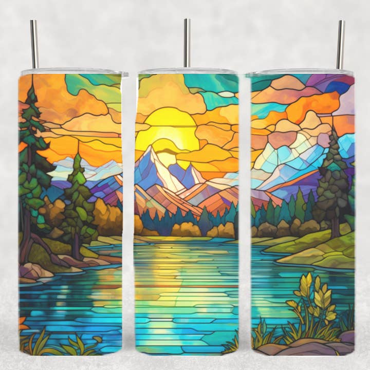 The Geek Boutique - Wholesale Insulated Mug/Tumbler - Lake Mountain Stained Glass Vacation Green Glow Tumbler