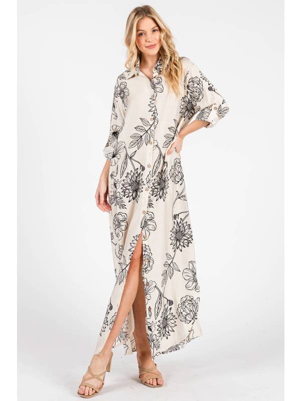 Pink Irene Wholesale - Wholesale Dress - Women's - Women Woven Floral Print Button-Down Maxi Dress10