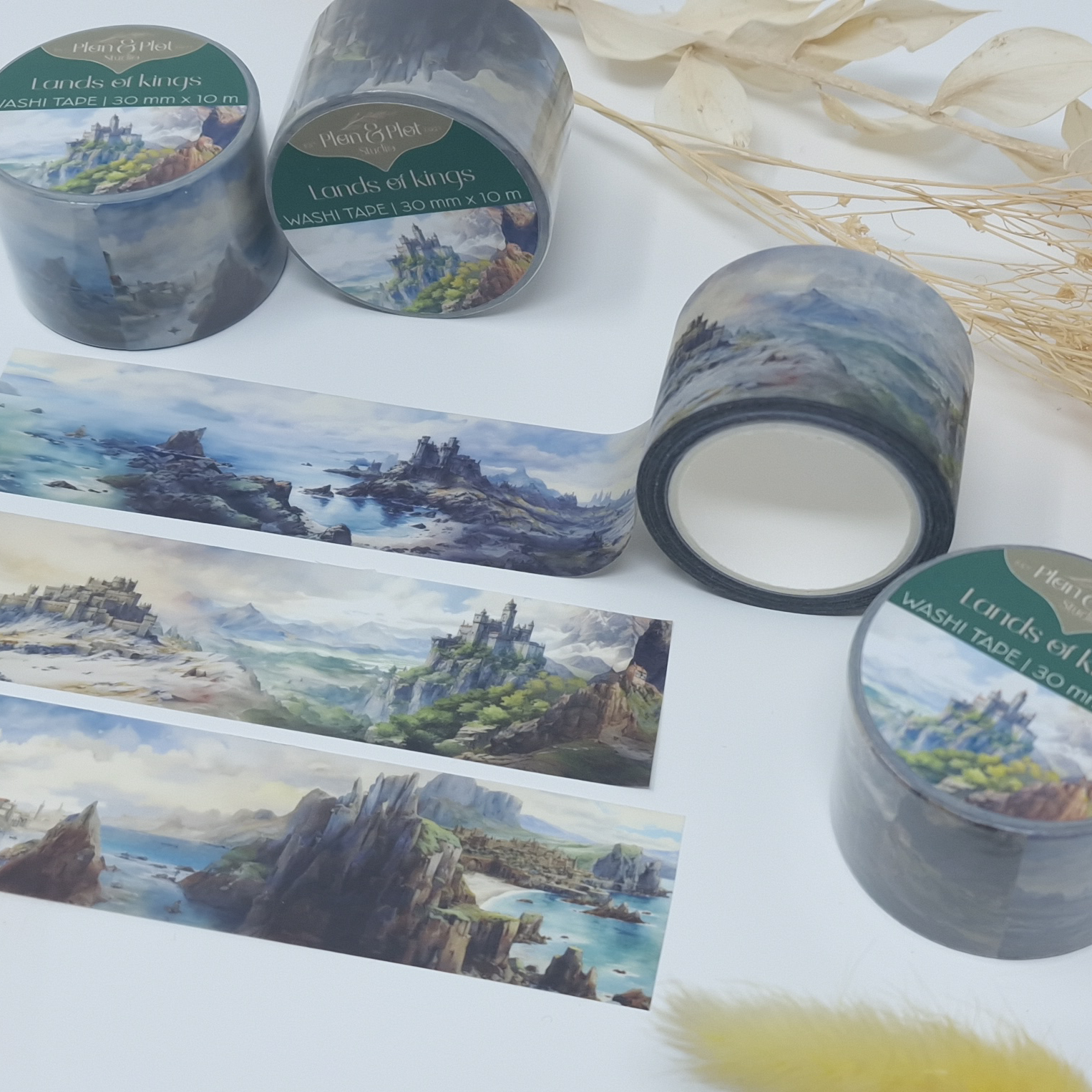 Plan & Plot Studio - Vente Rubans adhésifs Washi - Washi tape « Lands of Kings » avec paysages et châteaux médiévaux11