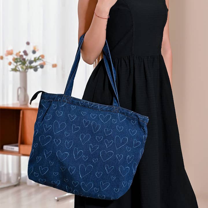 Sensibling Corp. - Wholesale Tote Bag - Women's - Heart Pattern Denim Tote Bag / Shoulder Bag