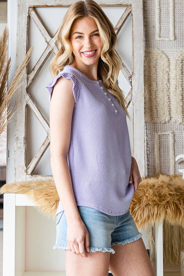 7th Ray – Engroshandel Strikket top - Dame – Solid Rib Knap-Front Flæseærme Top T515617