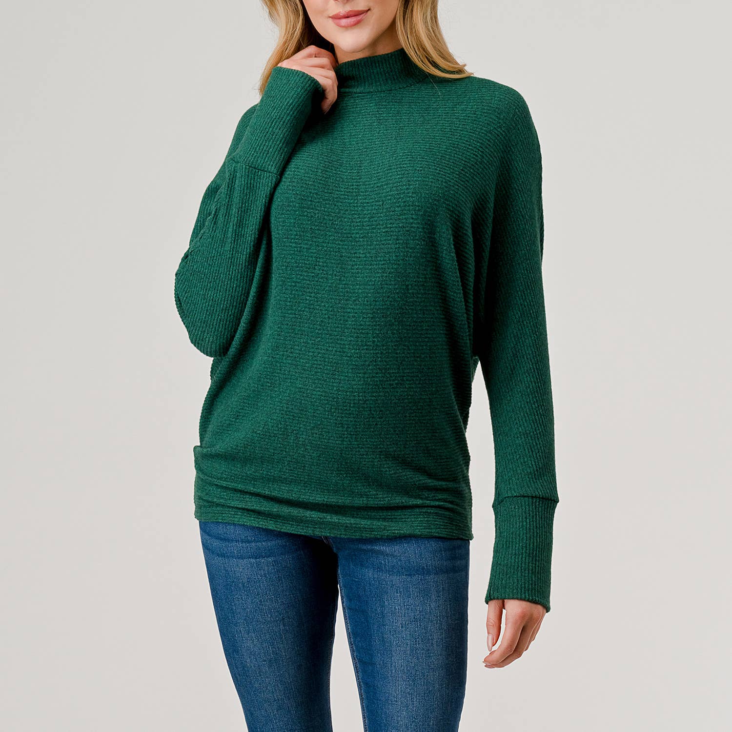 Heimious - Wholesale Knit Top - Women's - Mock Neck Long Dolman Sleeve Ribbed Knit Top, T26145