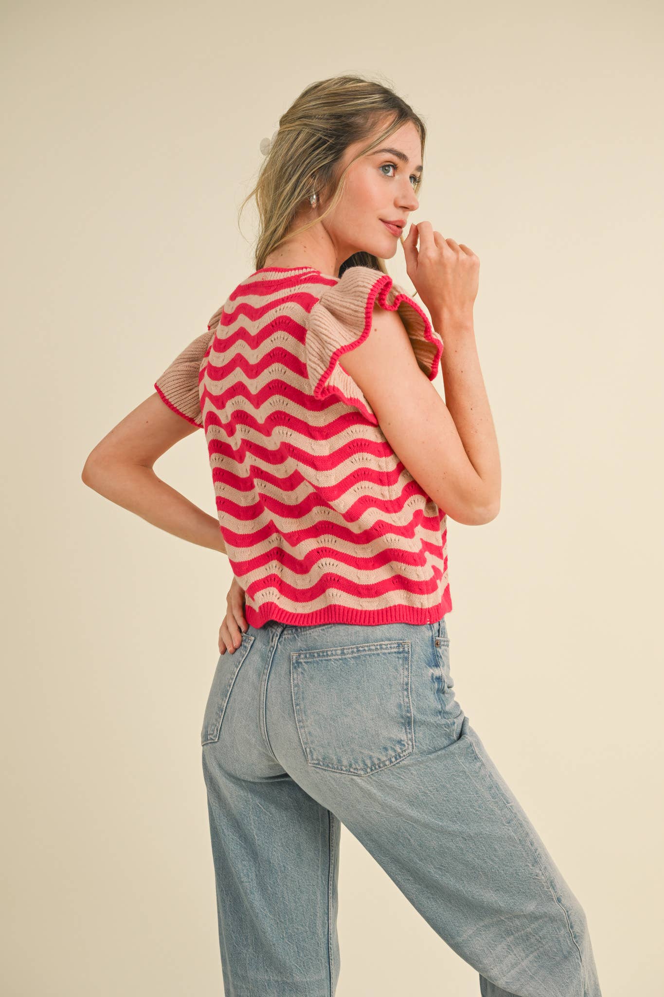 &MERCI - Wholesale Knit Sweater - Women's - WAVY STRIPES FLUTTER SLEEVE SWEATER TOP MSW1050920