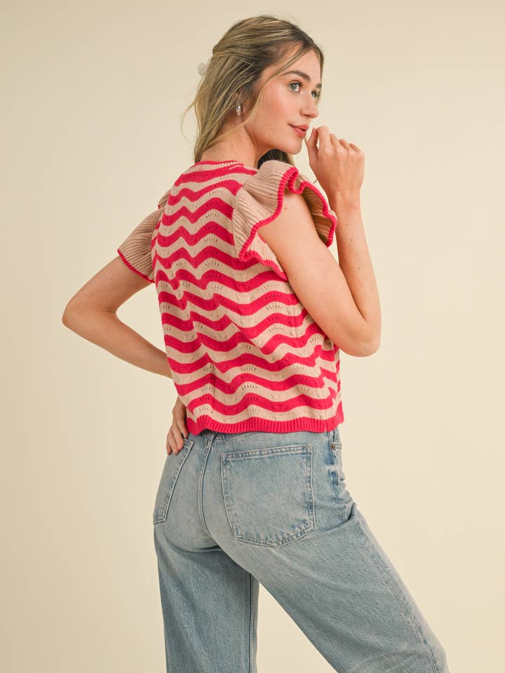 &MERCI - Wholesale Knit Sweater - Women's - WAVY STRIPES FLUTTER SLEEVE SWEATER TOP MSW1050920