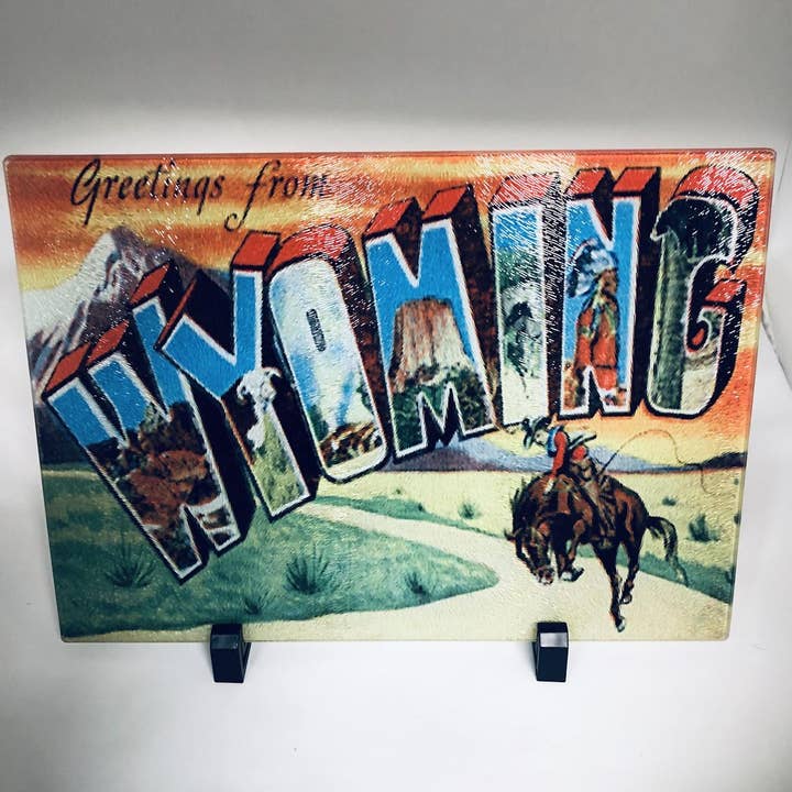 Wyoming Postcard - 11" x 8" Tempered Glass Cutting Board for wholesale by GP Originals