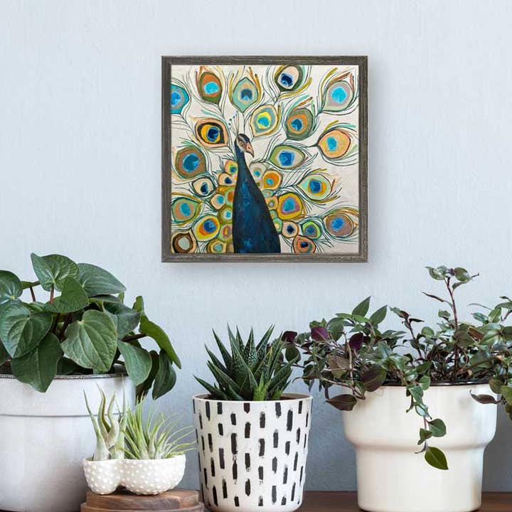 Peacock - Metallic Pearl White Mini Framed Canvas for wholesale by GreenBox Art