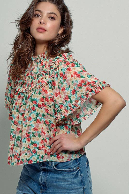 CORAL GREEN Aurora of Ruffle Short Sleeve Blouse for wholesale on Faire4