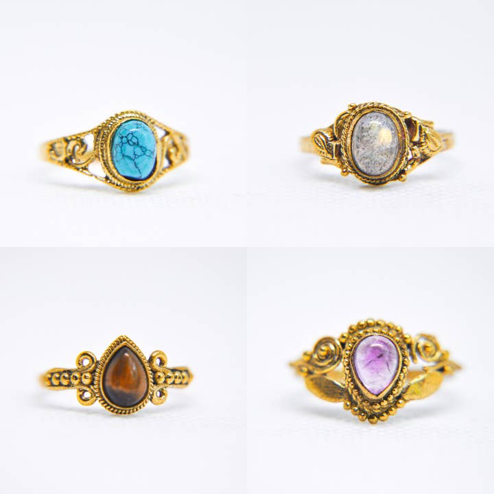 Zumki - Vente Solitaire - Bague en laiton avec pierres précieuses naturelles assorties