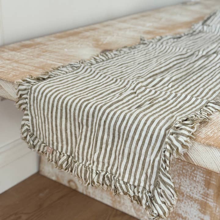 Ellenvale Trade – wholesale Table runner – Olive Stripe Ruffle Table Runner