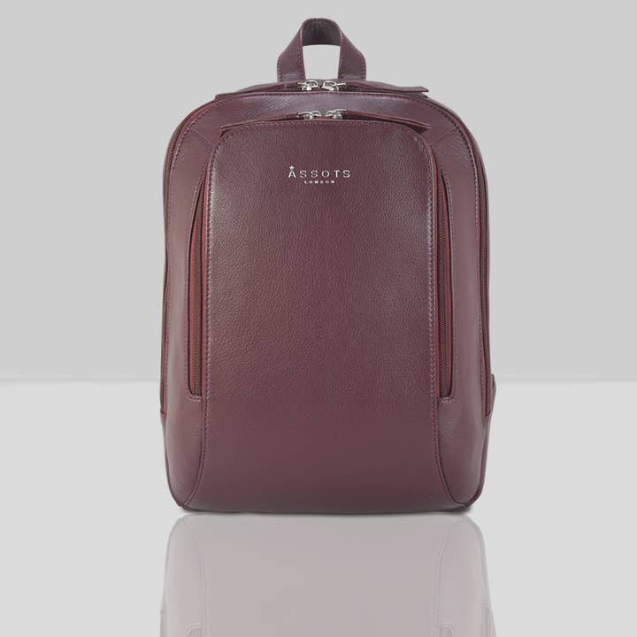 Sac à dos pour ordinateur portable « BAKER » en cuir bordeaux à double fermeture pour la vente par Assots London