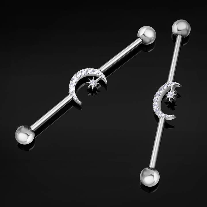Barre industrielle 1,6 mm en titane avec croissant de lune et étoile ornés, filetage externe pour la vente par Custom Plugs