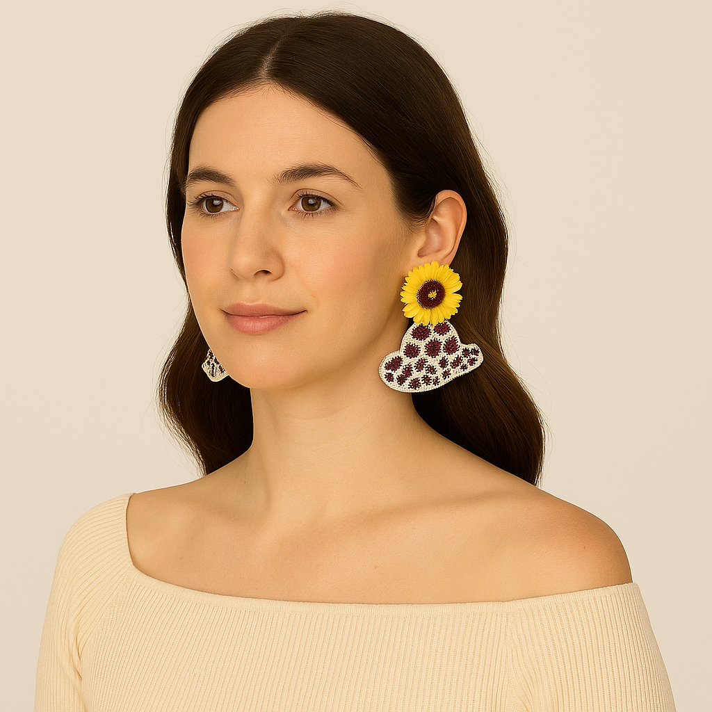 The Bling Barn - Wholesale Dangle Earrings - Sunflower Rodeo Brown Hat Seed Bead Earrings2