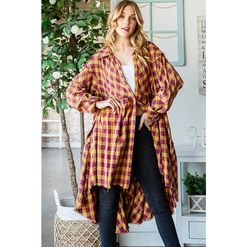 Oli&Hali - Wholesale Shirt - Women's - WASHED TIERED RUFFLE BACK DETAIL PLAID TUNIC SHIRT1