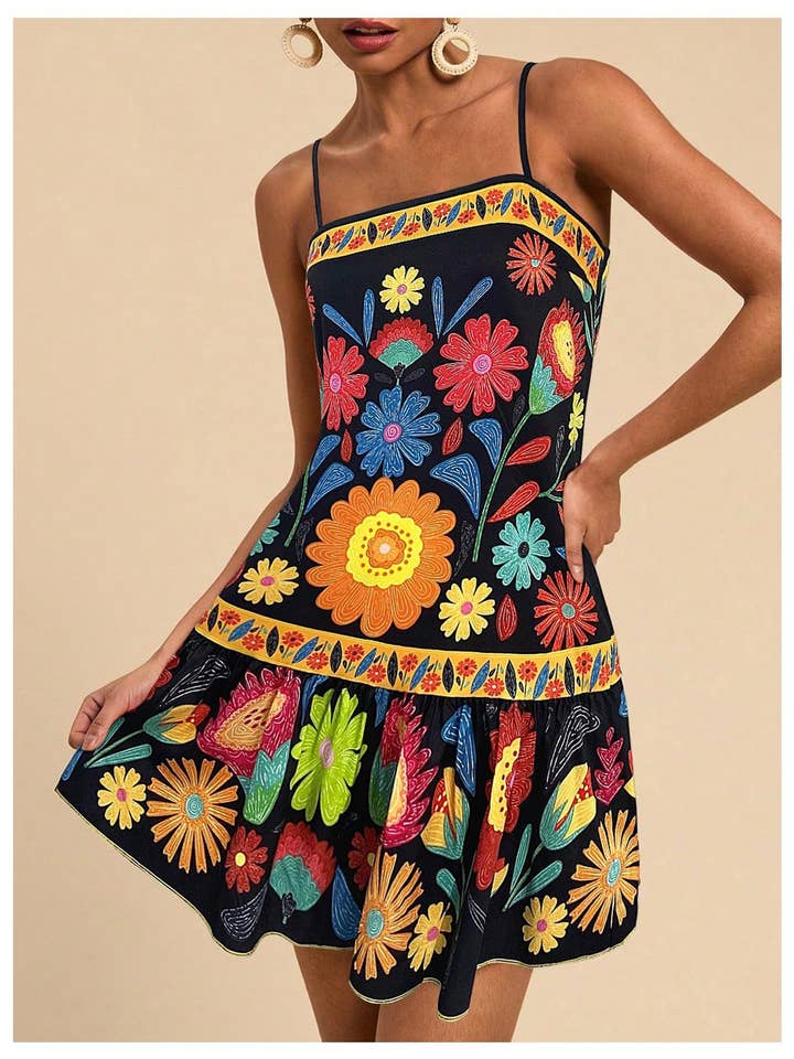 Rosa Clothing - Wholesale Dress - Women's - Vacay Vibrant Bohemian Floral Mini Dress