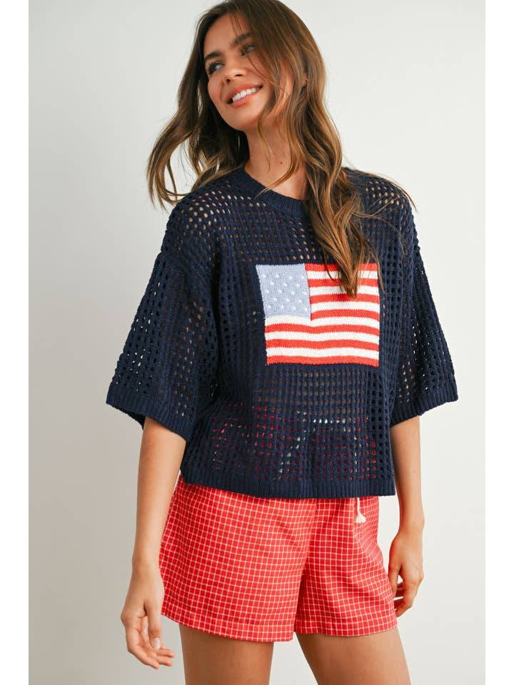 BUTTERMELON - Wholesale Knit Top - Women's - Flag Print Open Knit Crochet Sweater Top - BMW77356