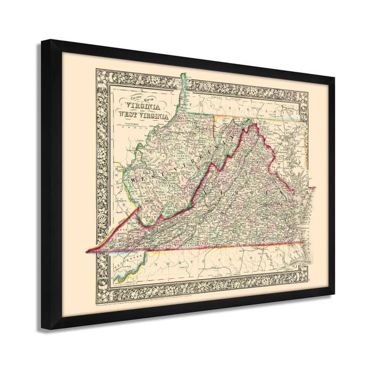 1863 Virginia & West Virginia Map - Framed Vintage Virginia Wall Map - Old West Virginia Wall Art - History Map of West Virginia Poster for wholesale by Historic Prints