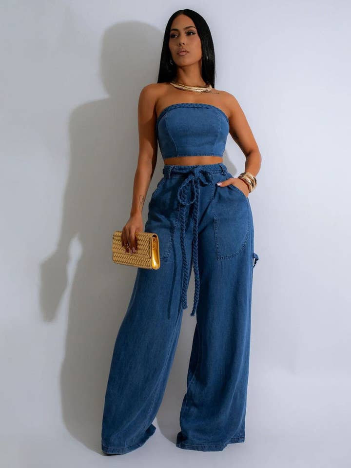Blue Women Fashion Casual Denim Tube Top Wide Leg Lace-Up Jeans Set for wholesale on Faire1