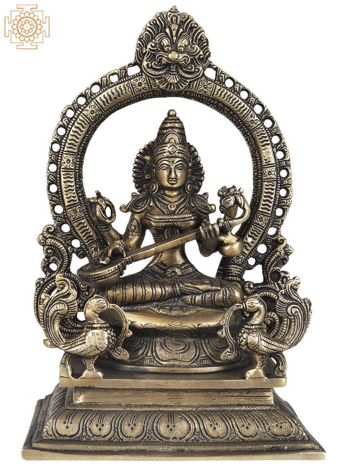 11" Saraswati - Goddess of Wisdom and Arts In Brass for wholesale by Exotic India Art