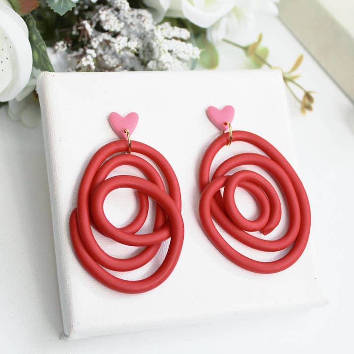 Studio Niani - Wholesale Dangle Earrings - Red Spiral Polymer Clay Earrings with Pink Heart Studs, Gift5