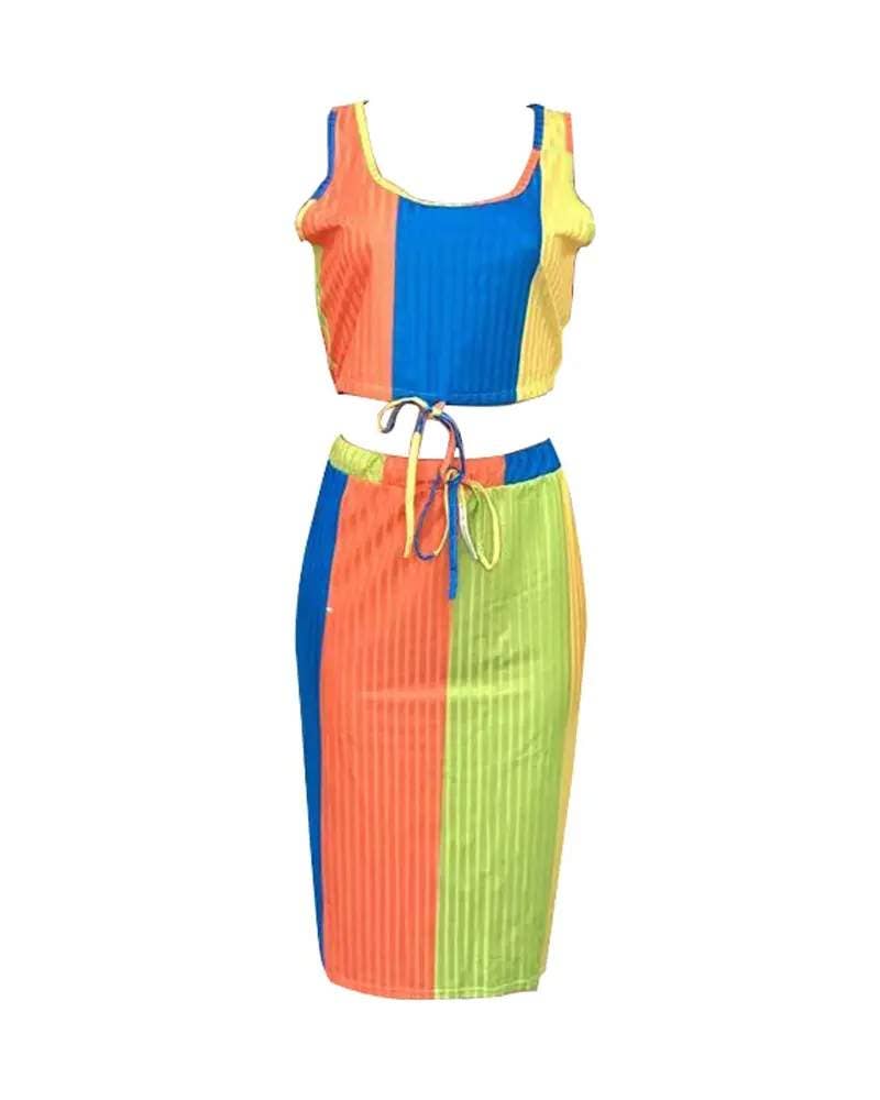 Fashion Combination - Vente Ensemble haut et jupe - Femme - ensemble de jupe courte côtelée colorblock grande taille10