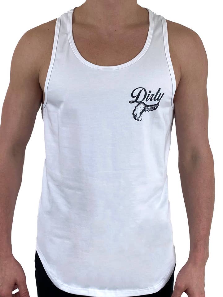 Camiseta regata branca suja - logotipo pequeno por atacado de Dirt Squirrel Apparel