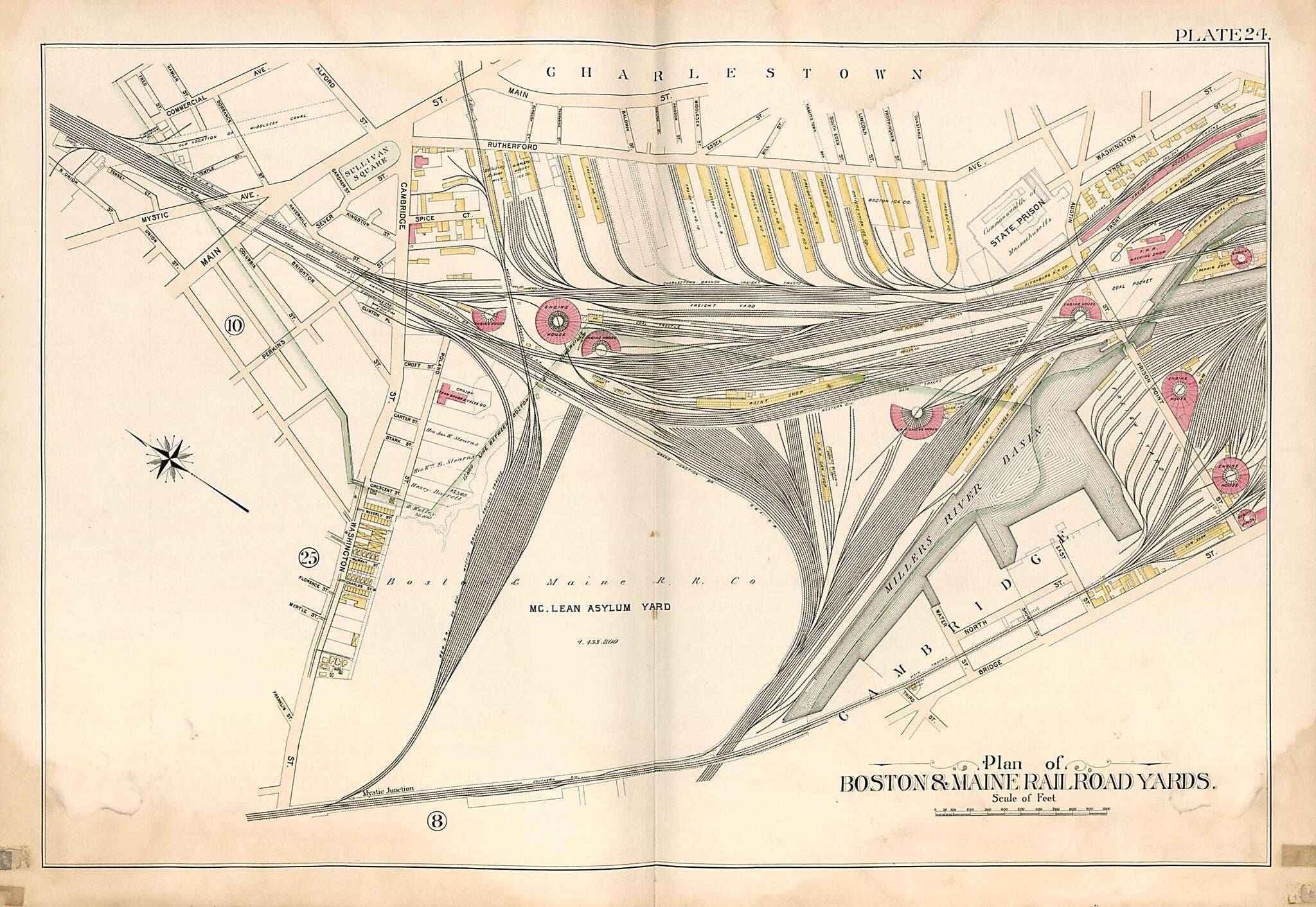 Relic Map Co. – wholesale Karta – Plan över Boston & Maine Railroads bangårdar från Atlas över staden Somerville, Massachusetts 18950