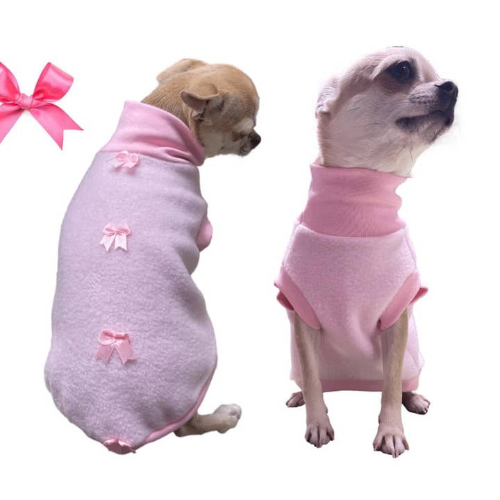 Cute Bow Pink Turtleneck Pet Dog Fleece Sweater Clothes for wholesale by Sassy Dog Fashions