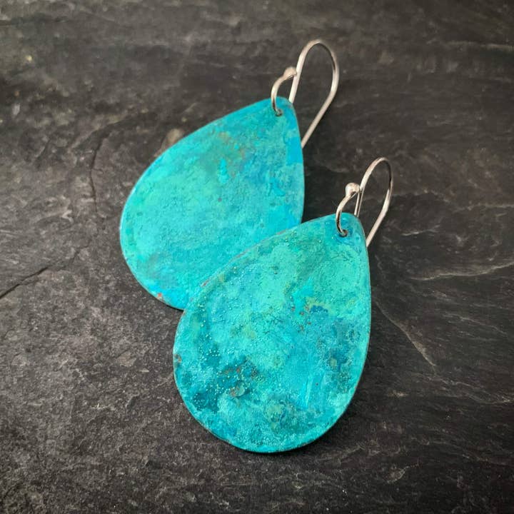 Hammered Copper Verdigris Teardrops for wholesale by Raegan Hough Metalsmith