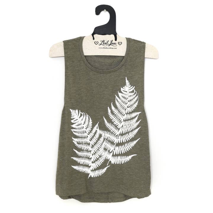 Heather Olive Muscle Tank with Fern Print for wholesale by Mad Love Shop