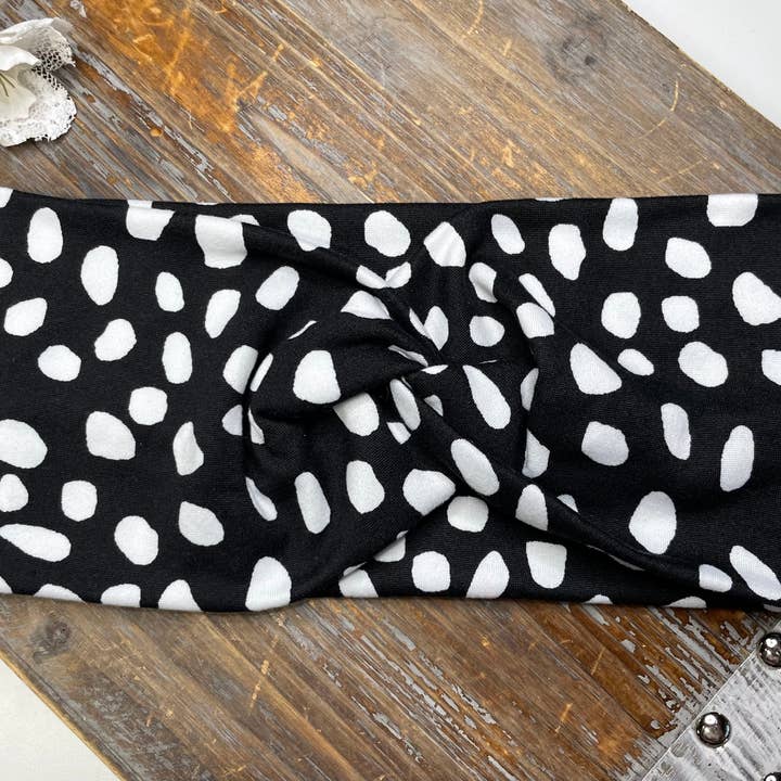 Women’s black white Dalmatian wide twisted headband for wholesale by PrettyINLeopard