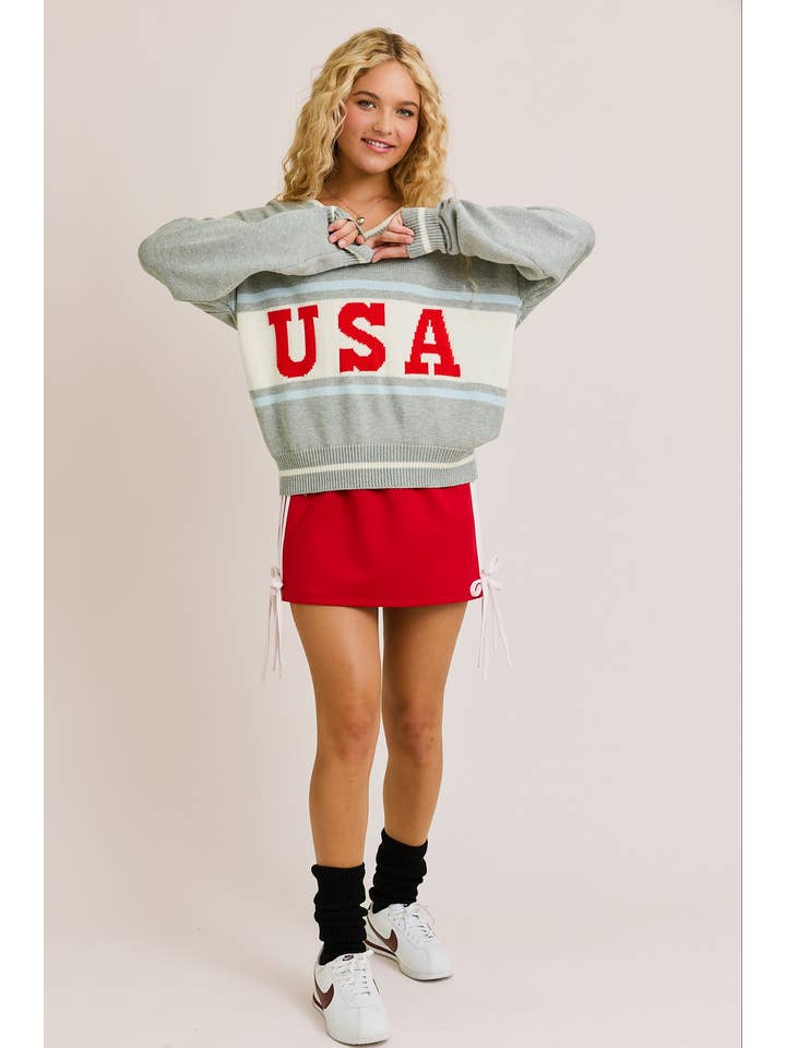 H GREY "USA" GRAPHIC LONG SLEEVE V-NECK SWEATER for wholesale on Faire