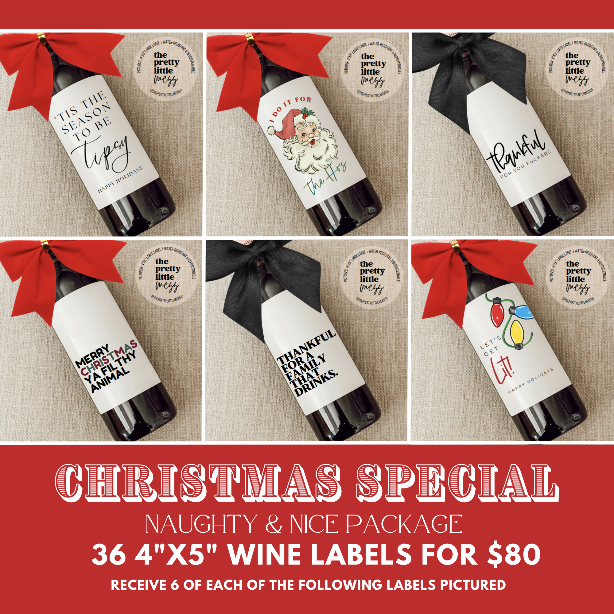 the pretty little mess – Engroshandel Etiket til gave – Naughty & Nice | Julespecial | 36 Vin Etiket-pakke0