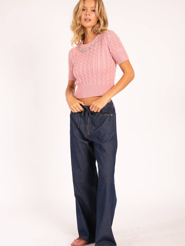 OSW1008 Embellished Cable Knit Crop Sweater for wholesale by Heyson