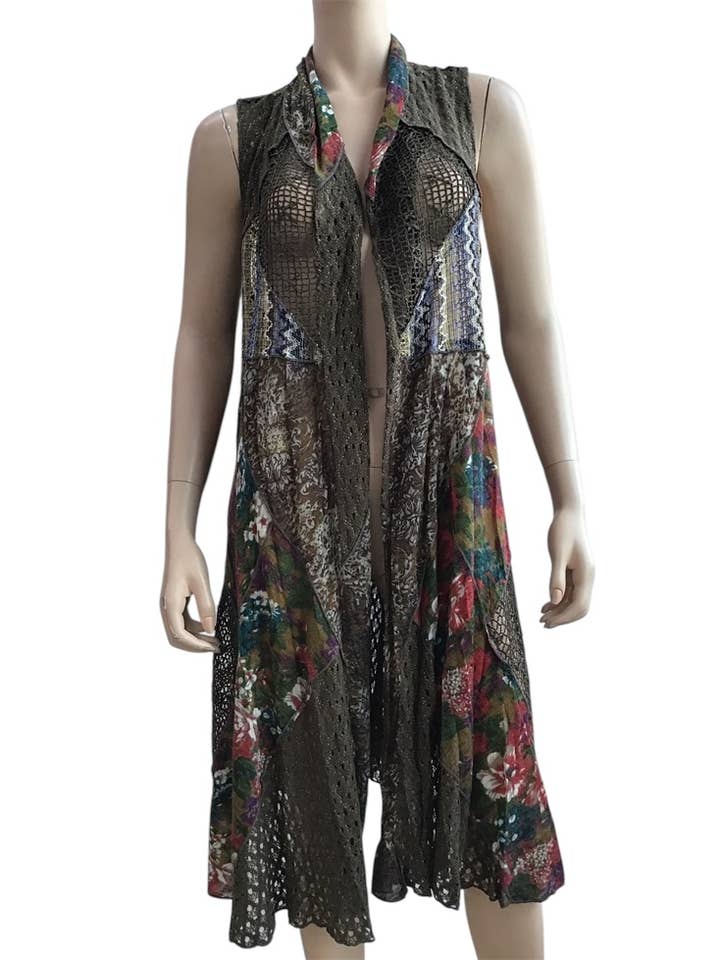 Kvinders Multi Patchwork Lang åben front vestcardigan for engroshandel hos Kamana