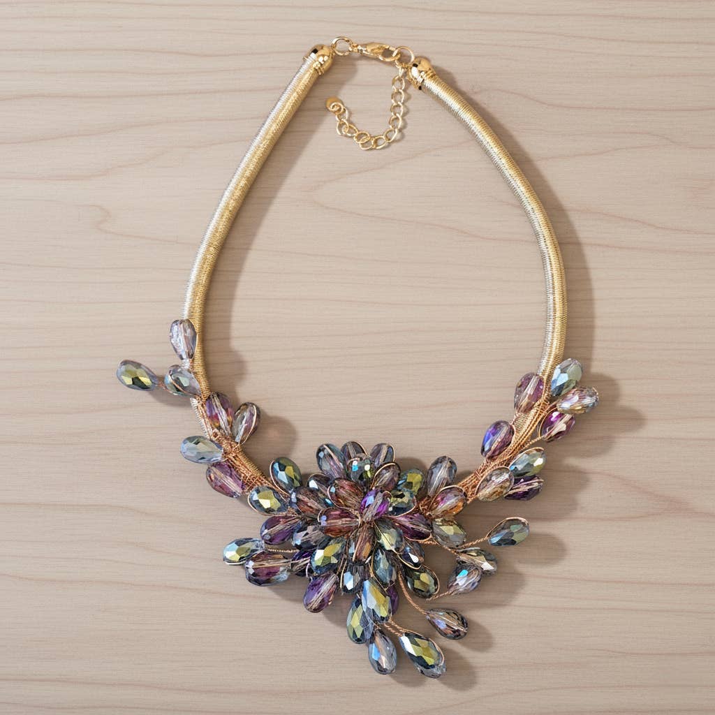 Bijoux Envie Statement Jewelry - Wholesale Choker/Collar - Multi Color Faceted Floral Spray Collar | Statement Necklace