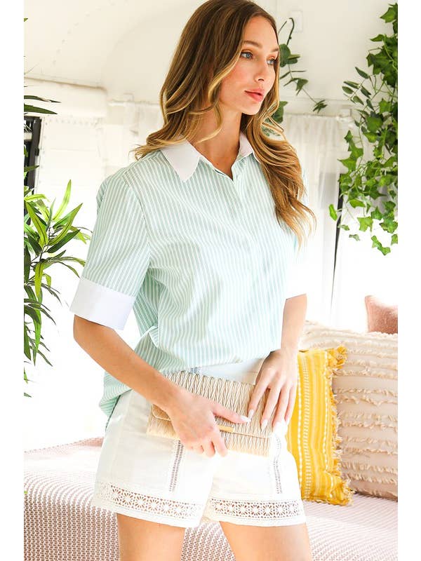 Vine & Love - Wholesale Button Down Shirt - Women's - Short Sleeve Contrast Collar And Cuffs Stripe Shirt VT81383