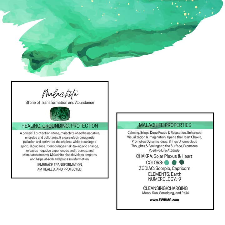 MALACHITE Gemstone Information Card for wholesale by Essential Wellness - Body, Mind, Spirit