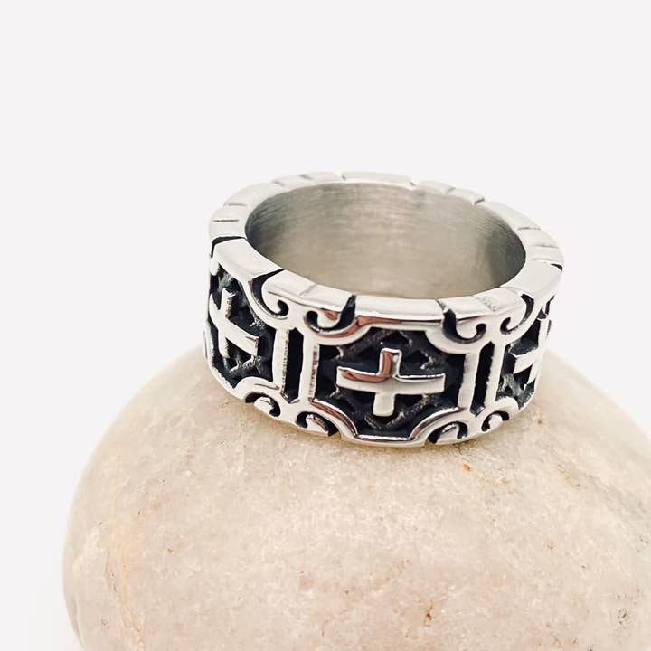 Mio Queena - Vente Bijou – homme - Bague punk à motif de croix en acier inoxydable, bijoux pour hommes