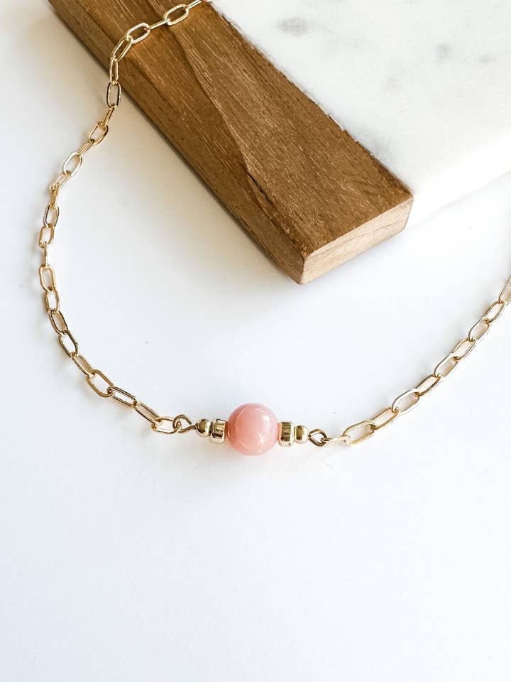 Clarke | Natural Pink Opal | Gold-filled Paperclip Chain Nec for wholesale by Aves + Brit | Handmade Midwest Modern Jewelry