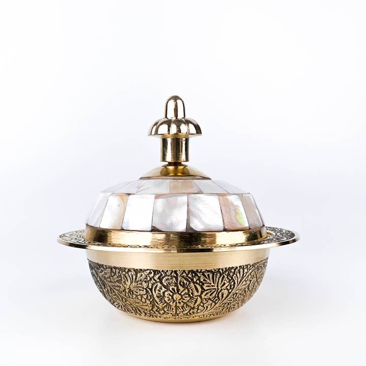 GREENROOTS USA LLC - Wholesale Decorative Plate/Dish/Bowl - Brass Mother Of Pearl Carved Bowl With Lid - 3.5"D, 3"H5