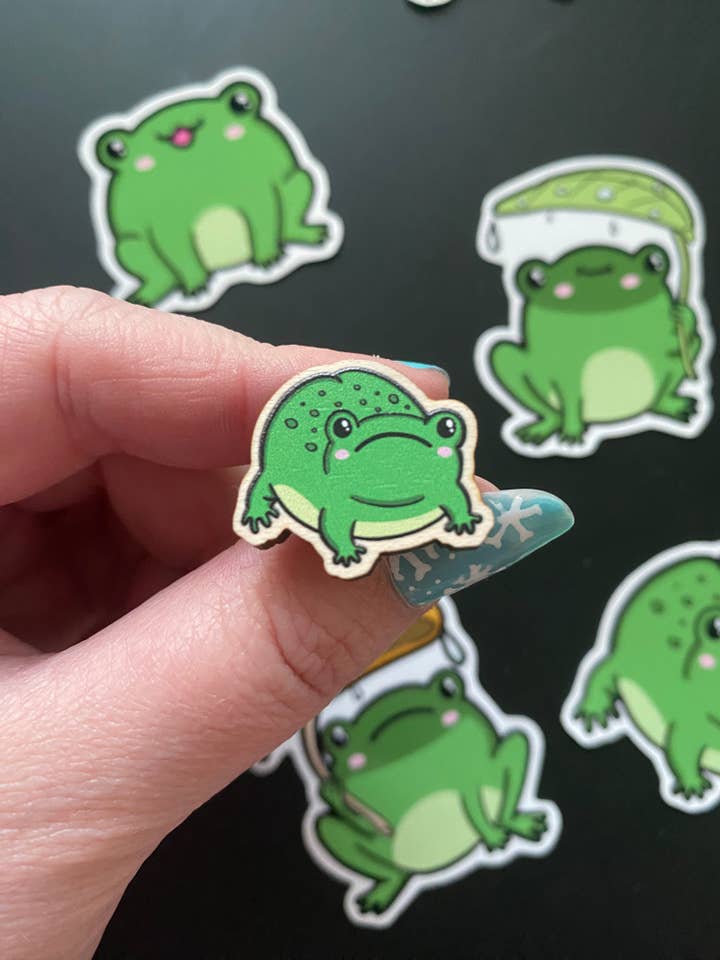 Grumpy Frog wooden pin for wholesale by Batty Blossoms