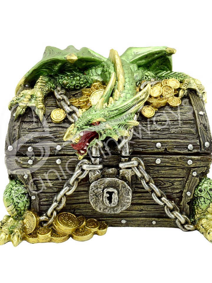 Box - Green Dragon On Treasure Chest 6.20"L X 4.90"W X 4.15" for wholesale by Oceanic Linkways Inc
