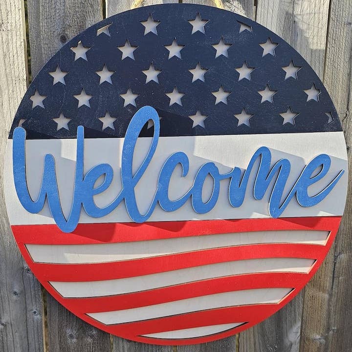 Patriotic Welcome Door Hanger: American Flag Birch Wood Sign for wholesale by Southcoast Lasersmith
