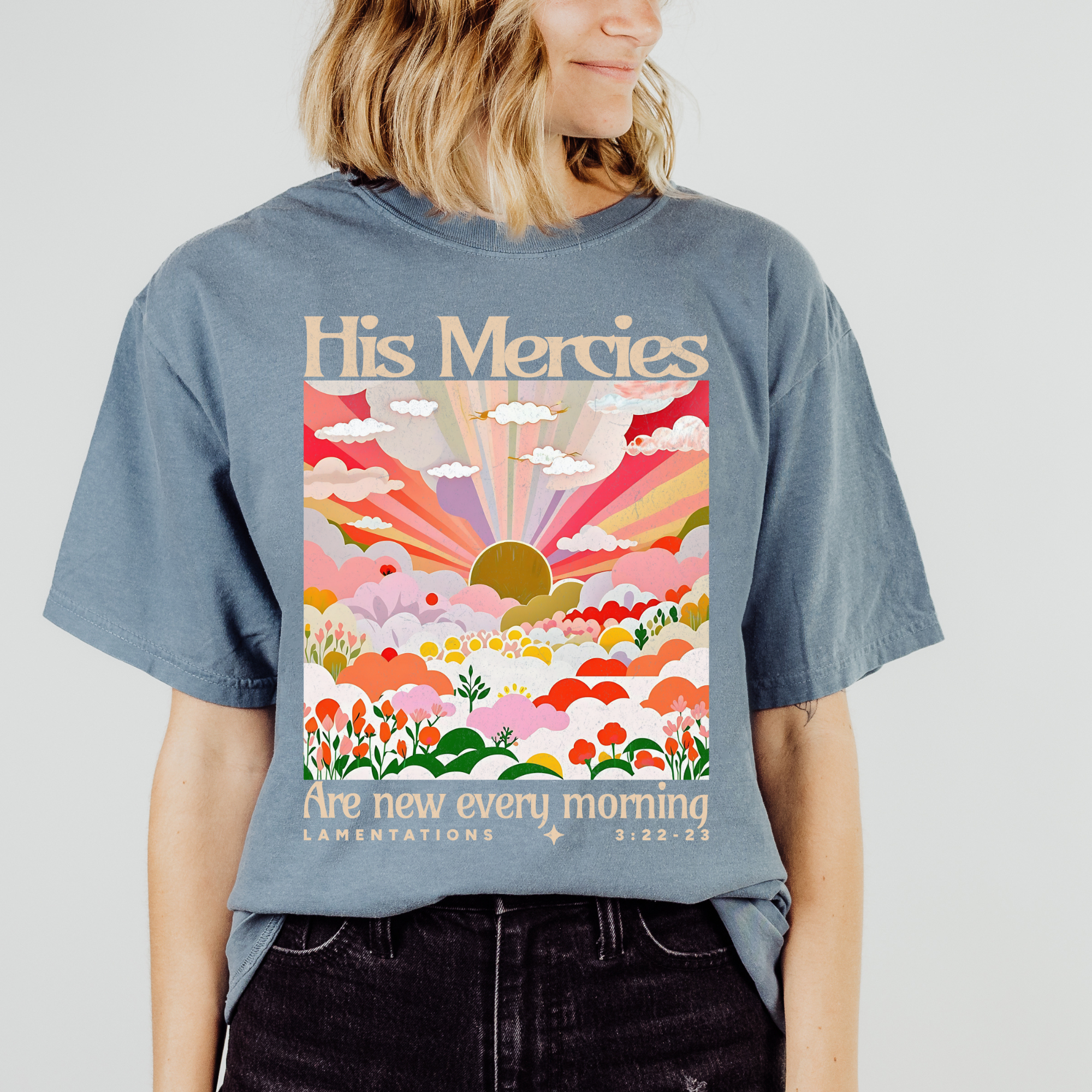 Scripted Pearl - Wholesale Screen Printed T-Shirt - Women's - His Mercies Are New Floral Comfort Colors Christian T Shirt10