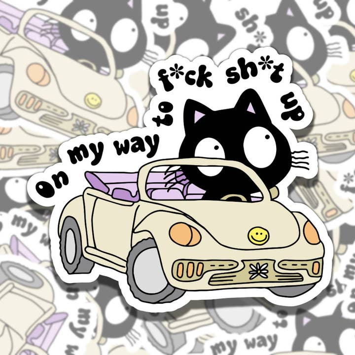 Autocollant Vinyle Chat Conduisant - En Route pour Tout Gâcher pour la vente par Sticky Sadness Designs