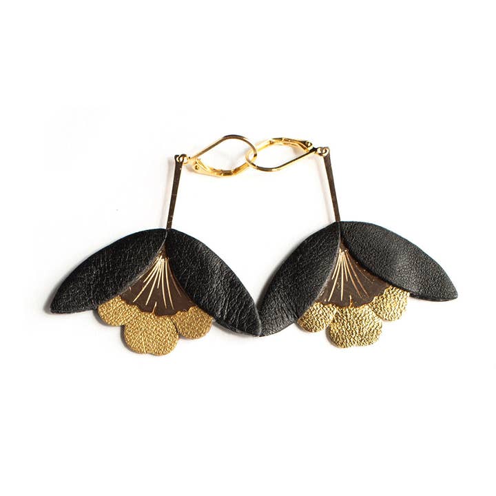 Ginkgo Flower Earrings - Black and Bronze Leather for wholesale by Chenoha Studio