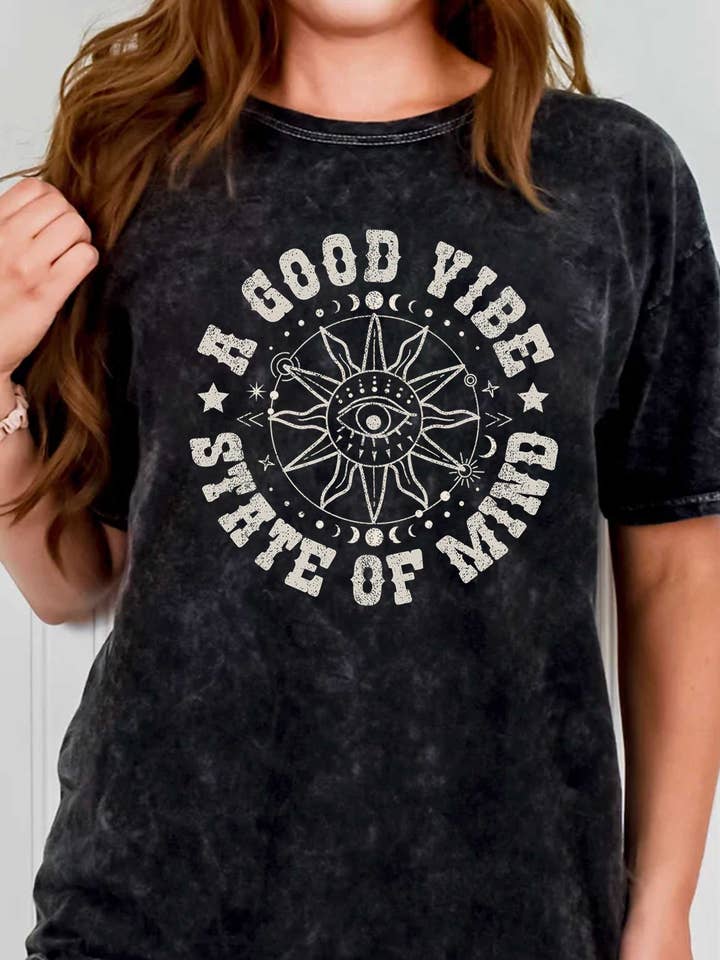 Rustee Clothing - Wholesale Screen printed t-shirt – Women′s - A GOOD VIBES EVIL EYE MINERAL GRAPHIC TSHIRTS0