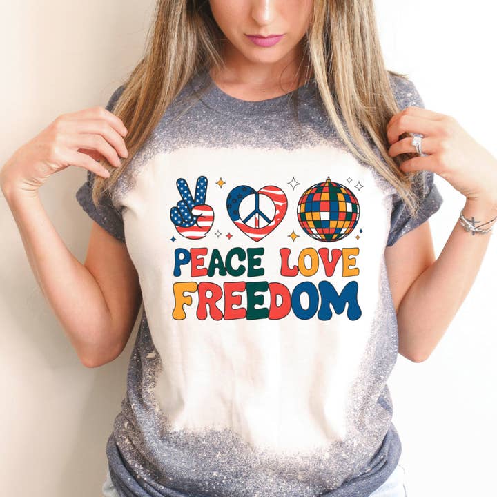 Peace Love Freedom 4th Of July Bleached Tee for wholesale by Hello Gorgeous Apparel