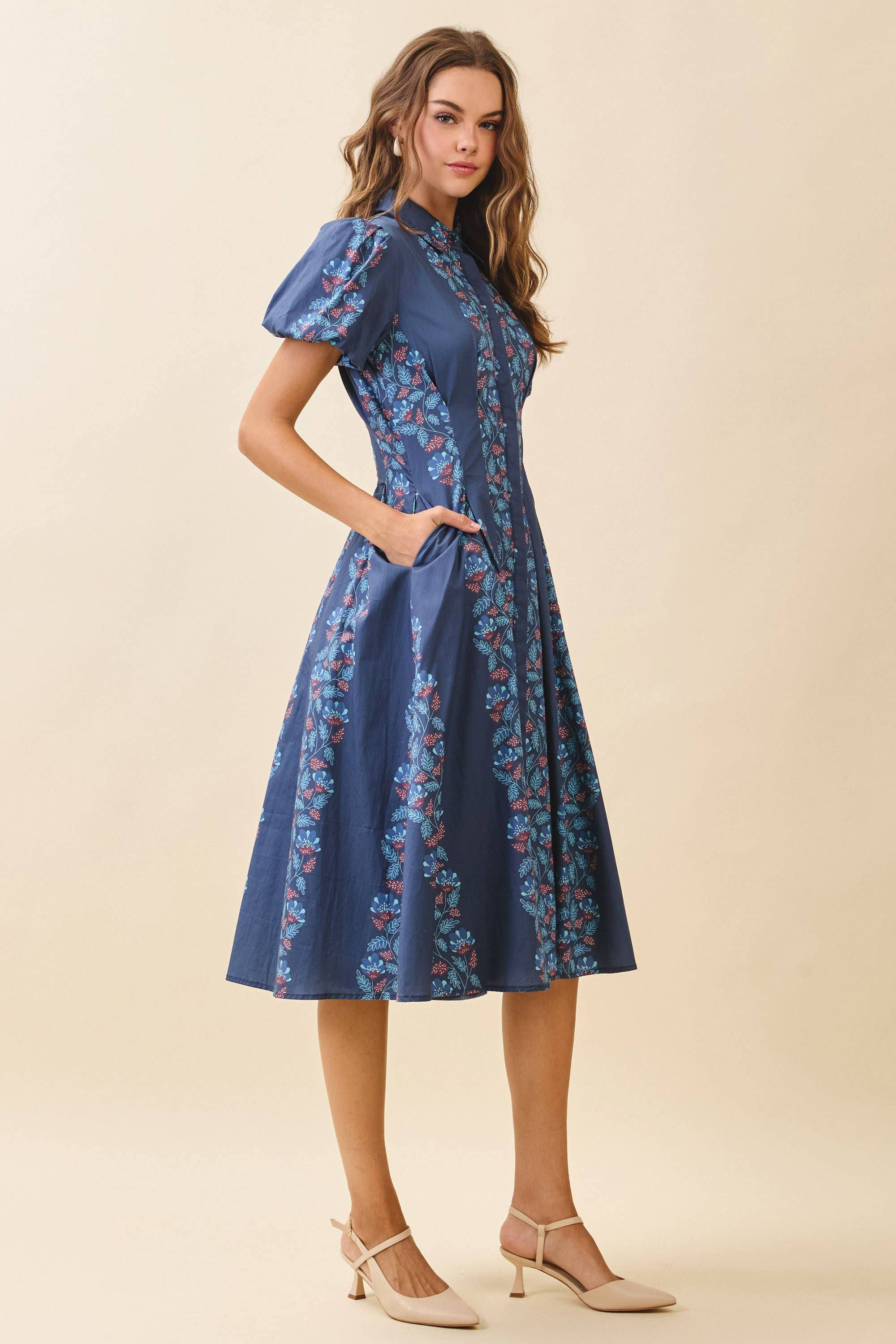BLEU MARINE CD06267-Robe mi-longue à imprimé floral vertical et coupe évasée en vente sur Faire2