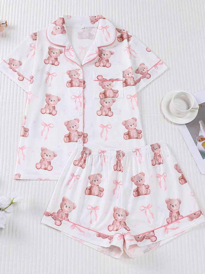 Teddy Bear & Bow Print Valentines Short Pajama Set for wholesale by Rosa Clothing